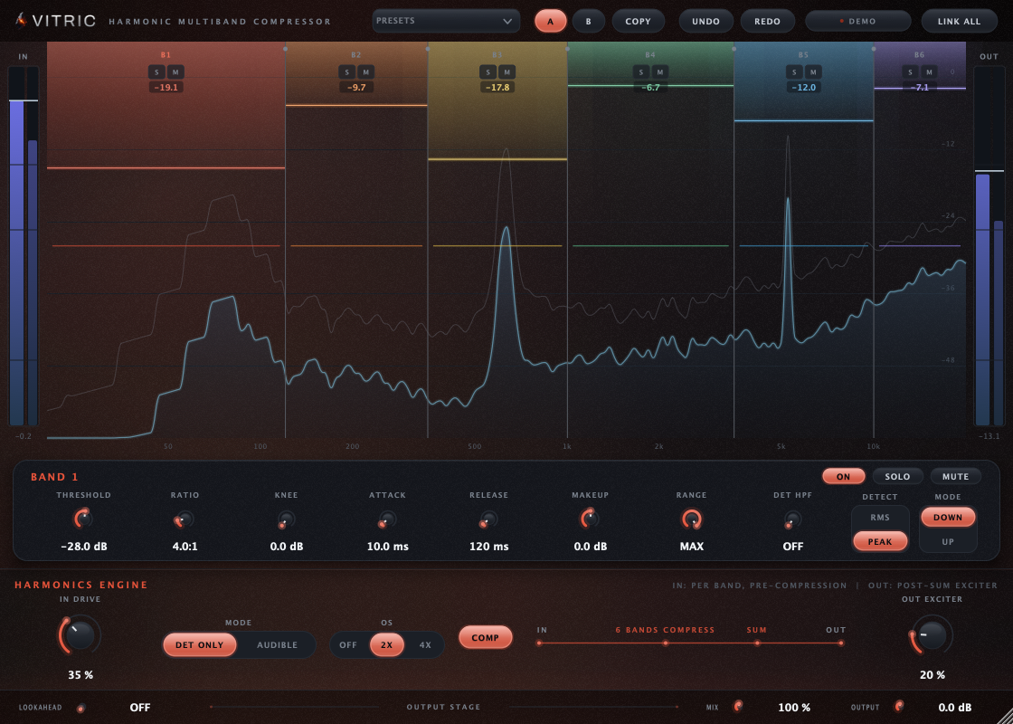 Harmonic Multiband Compressor plugin: pre and post spectrum analyzer with gain reduction curtains above the Harmonics Engine bar with drive, mode, oversampling and exciter controls